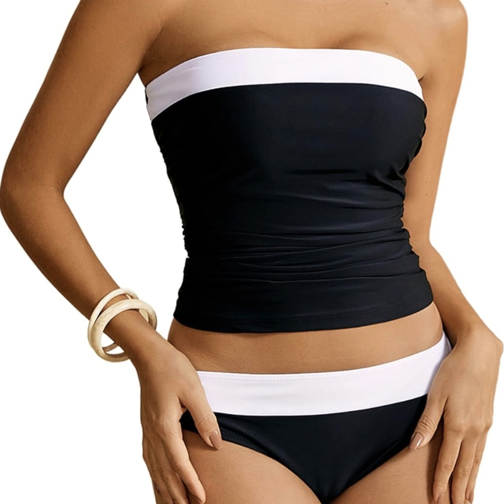 Elegant Black and White Strapless Swimsuit